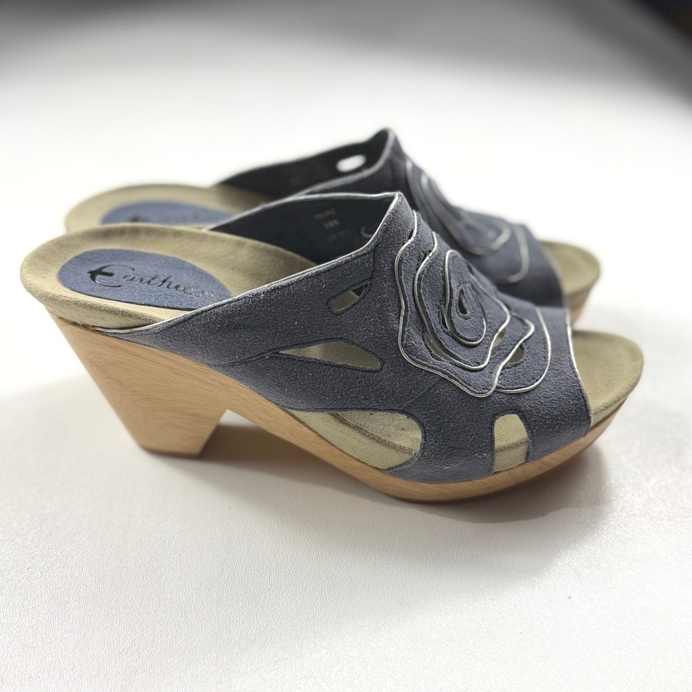 Earthies Tropez Seaport Blue Kid Suede Floral Wedge Clog‎ Mules Womens Size 10